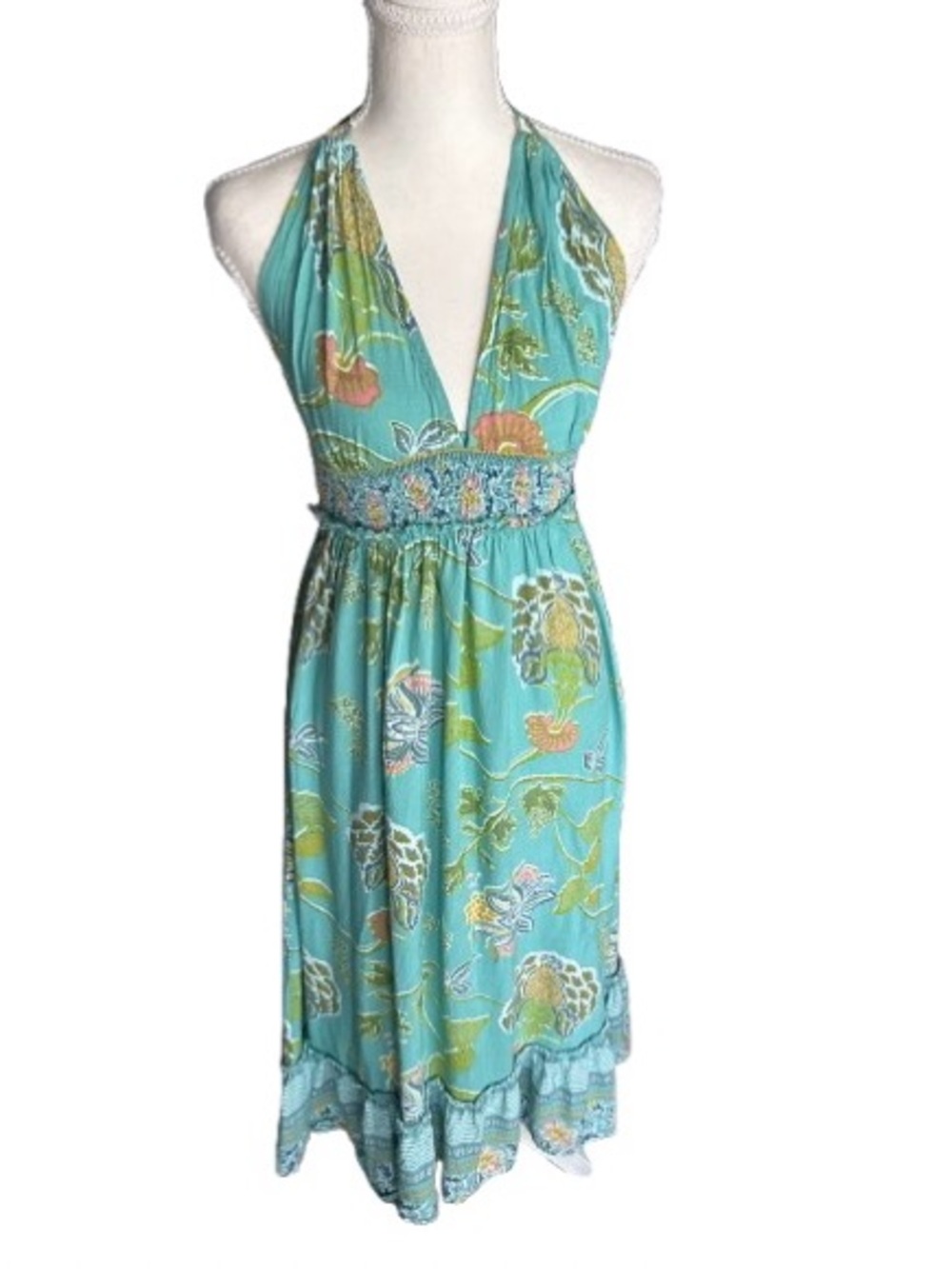 Med Z & L Backless Floral Midi Dress Beaded Tie Halter Aqua Designer Turquoise